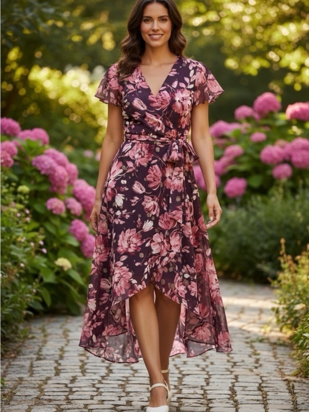 🫶🏻 R&M Richard’s Oetite Floral High-Low Dress in Plum Pink